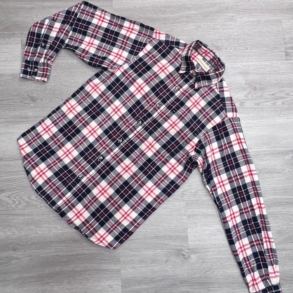 Hobbs Creek Womens Plaid Flannel Button Down Shirt Navy Red White Small